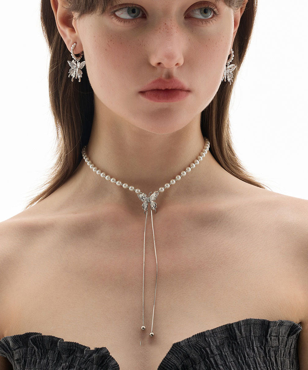 Modern White Copper Overgild Pearl Butterfly Retractable Lariat Necklace