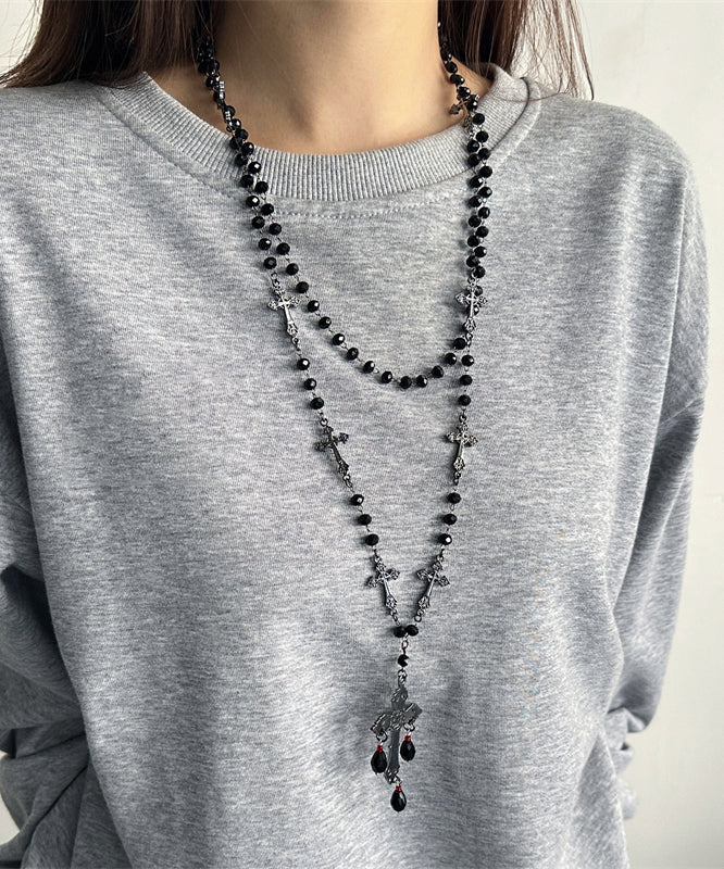 Black Acrylic Alloy Cross Gratuated Bead Necklace