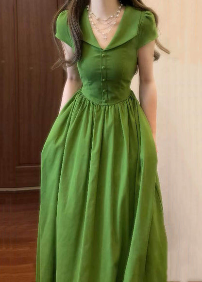 Green V Neck Wrinkled High Waist Cotton Maxi Dresses Summer