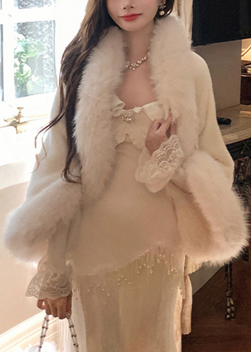 White Fur Collar Coat and Dress Fluffy Two Pieces Set Flare Sleeve