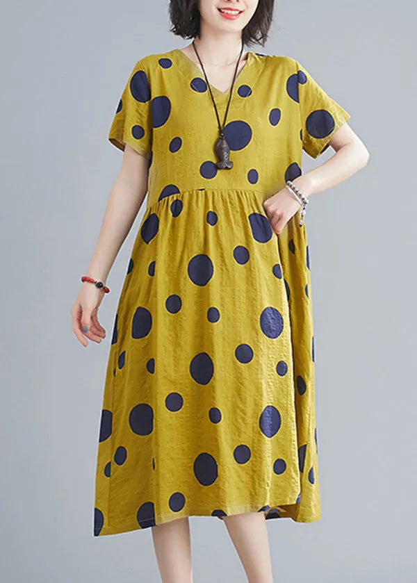 Yellow Wrinkled V Neck Pockets Dot Print Cotton Dresses Short Sleeve