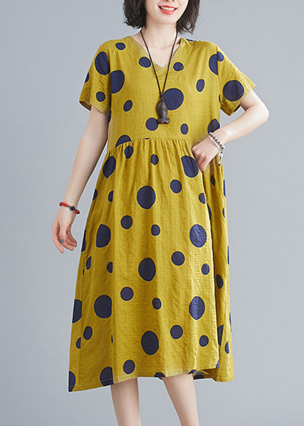 Yellow Wrinkled V Neck Pockets Dot Print Cotton Dresses Short Sleeve