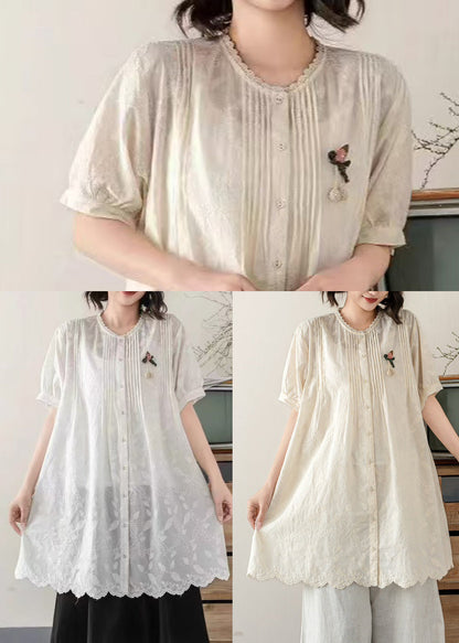 White Embroidered Cotton Long Blouses Summer