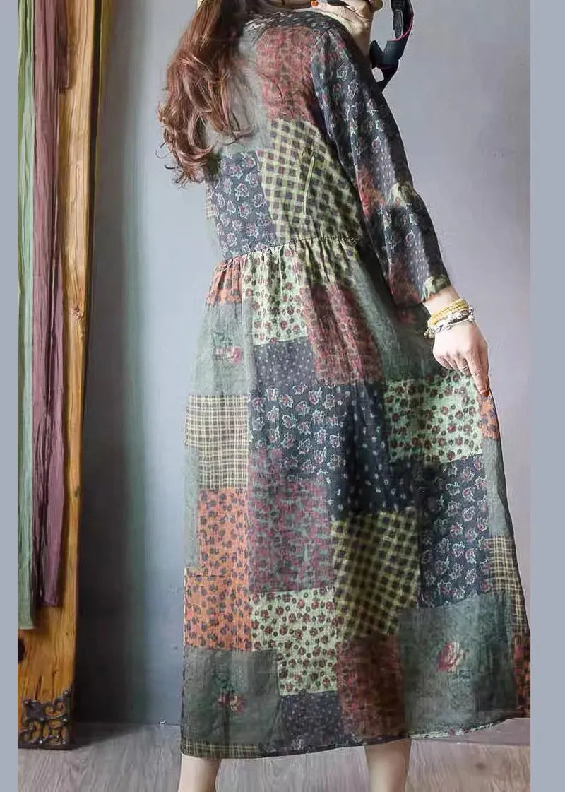 V Neck Wrinkled Patchwork Linen Maxi Dresses Long Sleeve