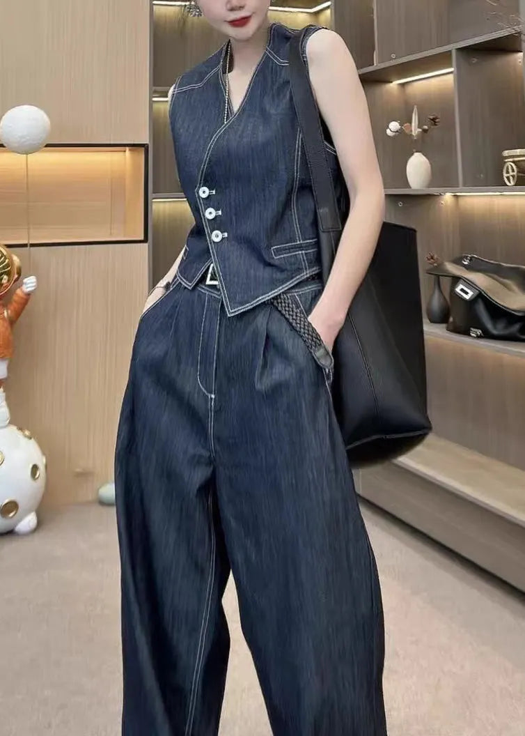 French Blue Button Waistcoat and Pants Denim Two Pieces Set Sleeveless