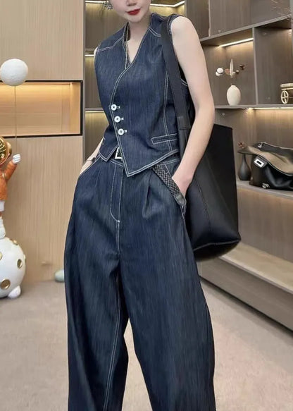 French Blue Button Waistcoat and Pants Denim Two Pieces Set Sleeveless