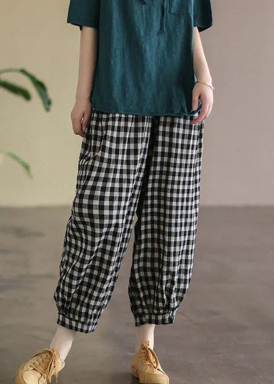 Black Plaid Pockets Patchwork Cotton Lantern Pants Summer