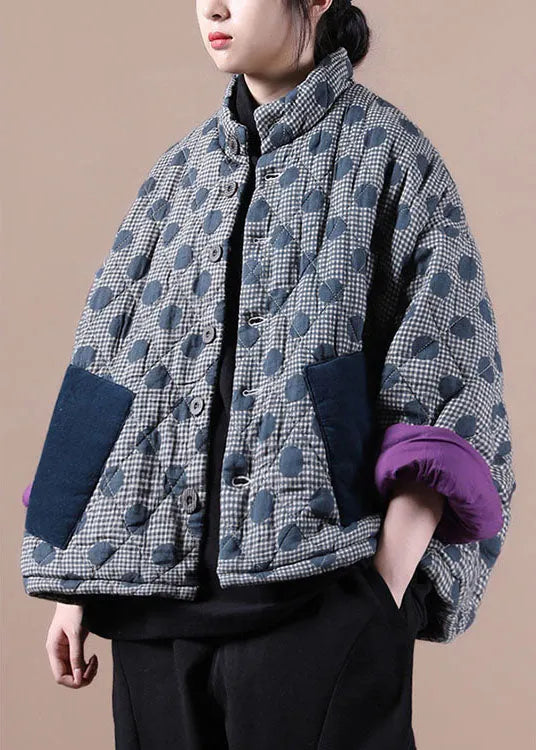 Blue Pockets Patchwork Dot Winter Cotton Coat