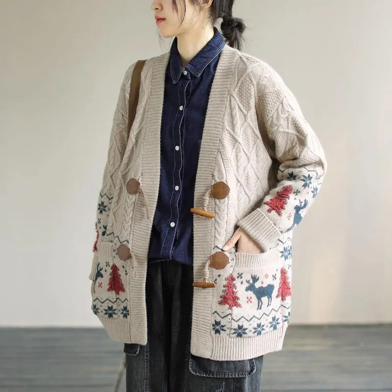 For Work Spring Knit Sweat Tops Beige Deer Print Knitted Cardigans