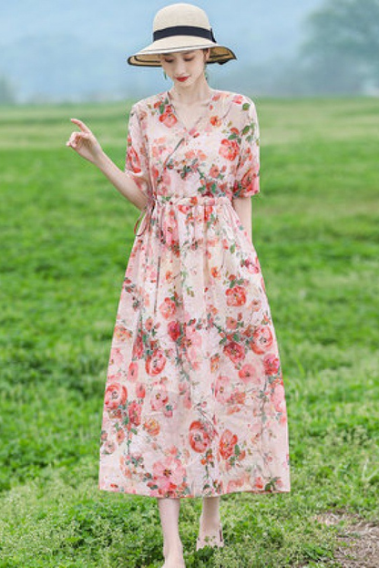 -summer Loose Ramie Maxi Dress Printed Short Sleeve Dress