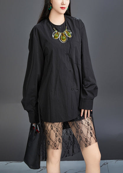 New Black O-neck Button Cotton Shirt Fall