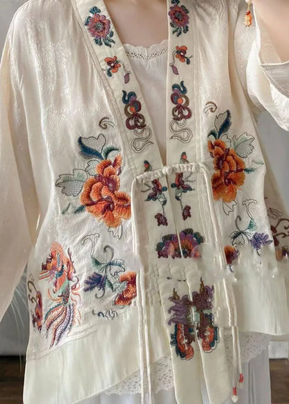 Chinese Style White Tasseled Embroideried Linen Silk Cardigans Spring