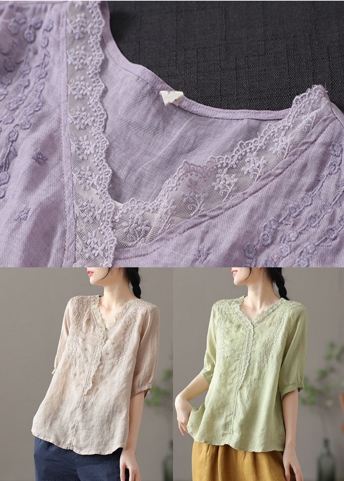 Khaki Embroidered Lace Patchwork Linen Shirt Half Sleeve