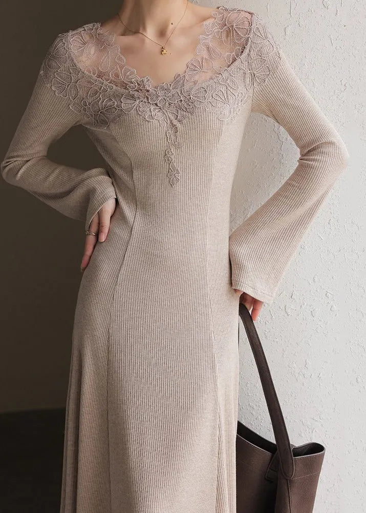 Fine Oatmeal O-neck Lace Patchwork Cotton Knit Long Sweater Dress Spring