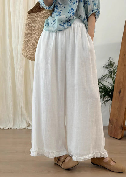 Stylish Green Ruffled Linen Wide Leg Pants Summer