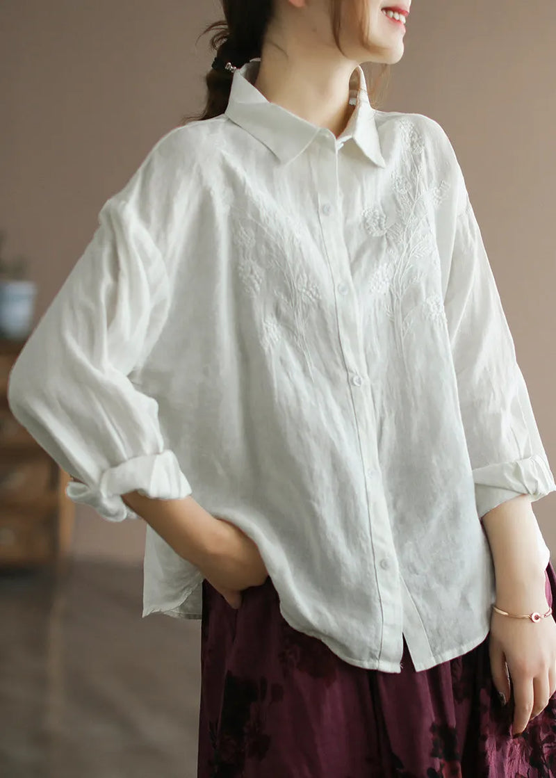 Organic Yellow Peter Pan Collar Embroidered Button Linen Shirts Long Sleeve