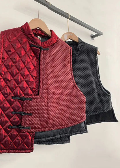 Red Asymmetrical Chinese Button Cotton Blended Waistcoat Sleeveless
