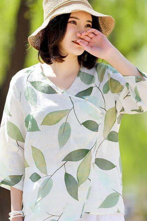 Green Print Cotton Linen Summer Tops Loose Blouse