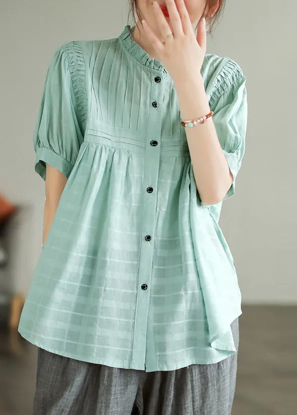 Lake Blue Cotton Loose Blouses Ruffled Summer