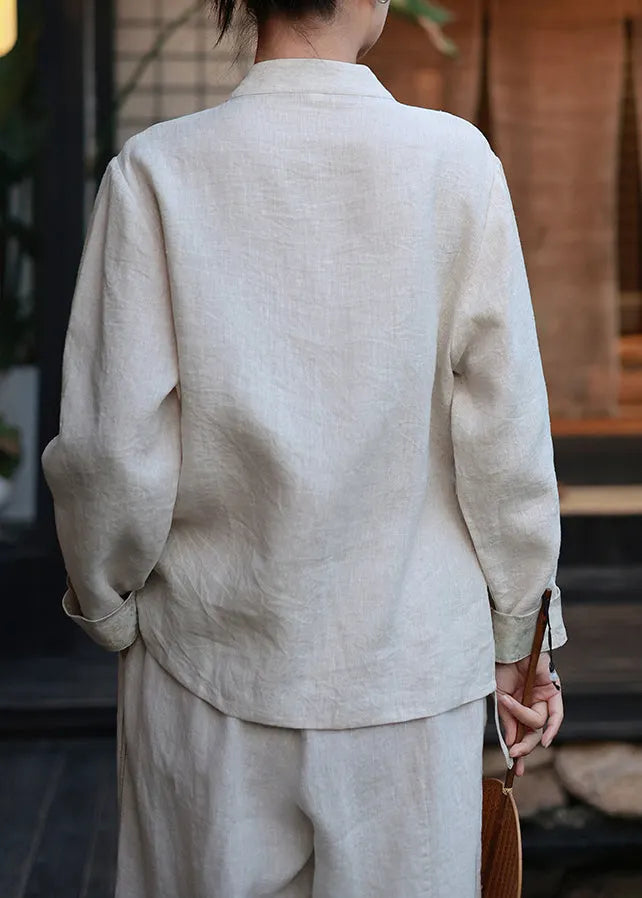 New Chinese Style Printed Linen Top Lace Up Spring