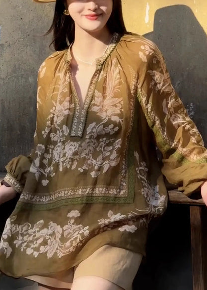 Brown Oversized Print Linen Shirt Top Fall