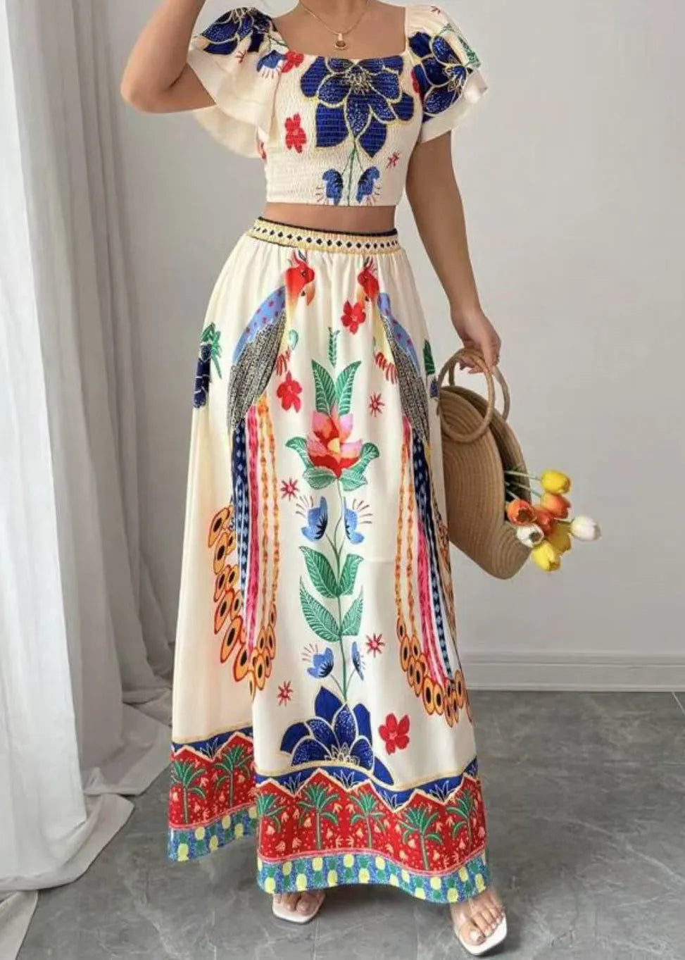 Square Collar Print Top and Maxi Skirts Two Piece Set Summer