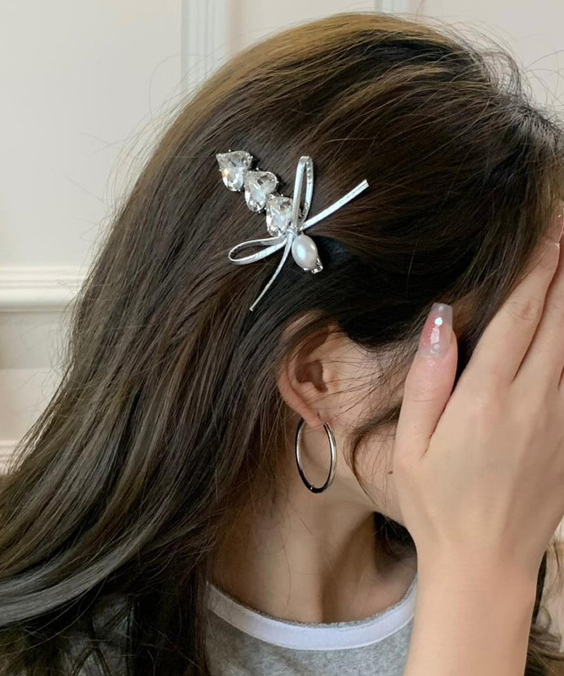 Silk Alloy Zircon Love Crystal Pearl Bow Hairpin