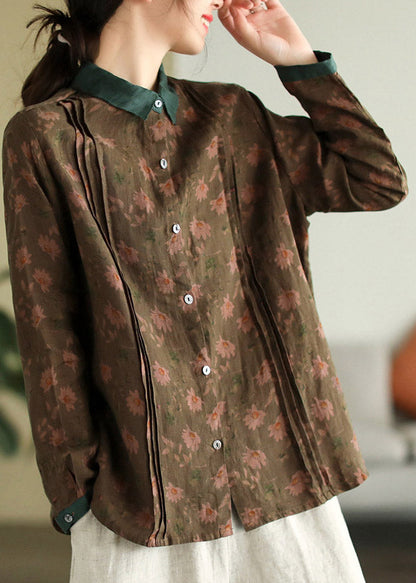 Peter Pan Collar Print Button Linen Shirt Long Sleeve