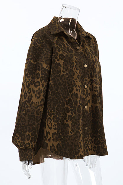 Street Leopard Print Buttons Turndown Collar Tops