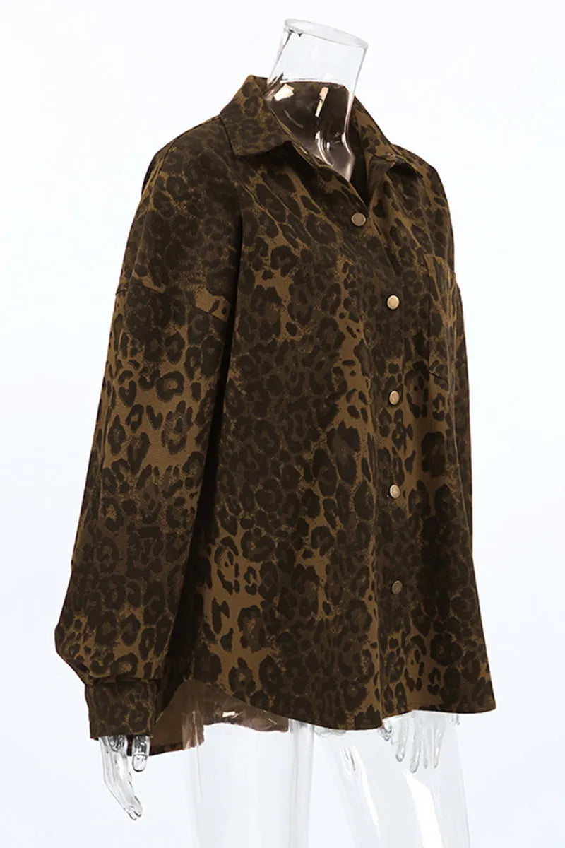 Street Leopard Print Buttons Turndown Collar Tops