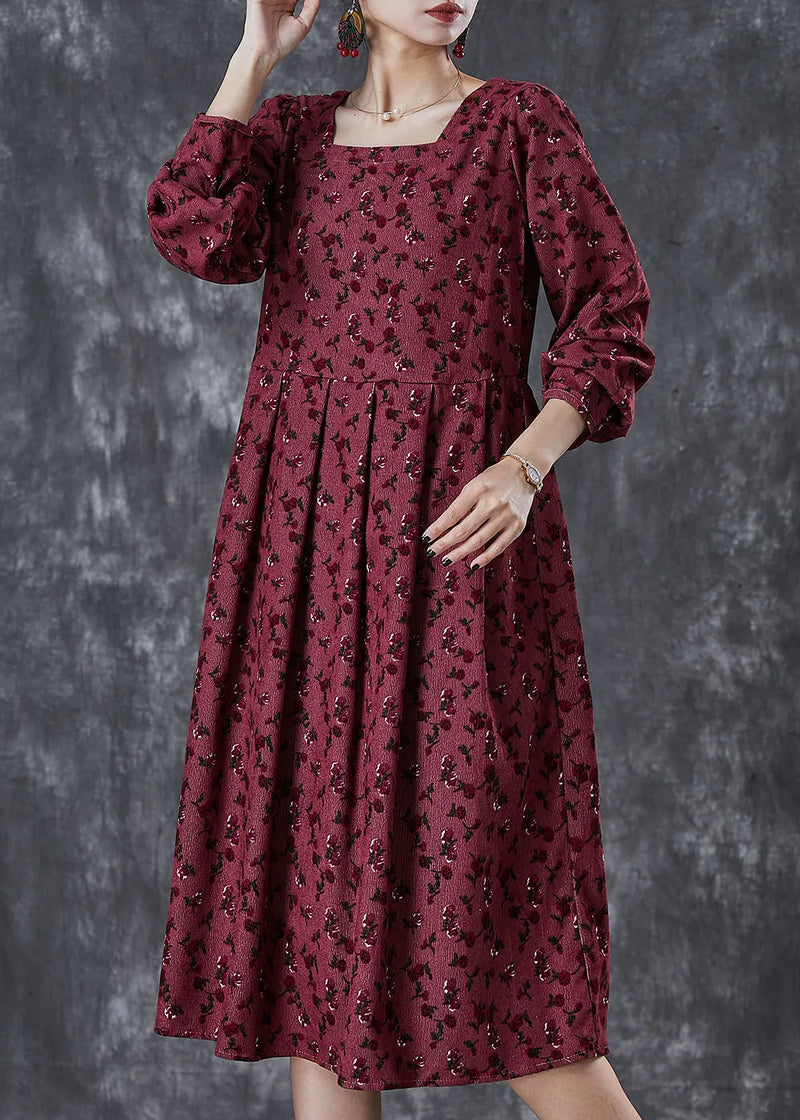 Mulberry Square Collar Print Corduroy Robe Dresses Spring