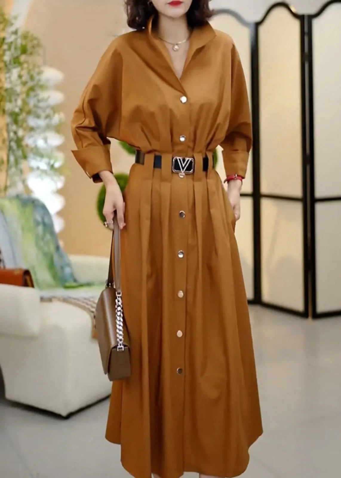 Classy Coffee Peter Pan Collar Sashes Wrinkled Cotton Dresses Fall