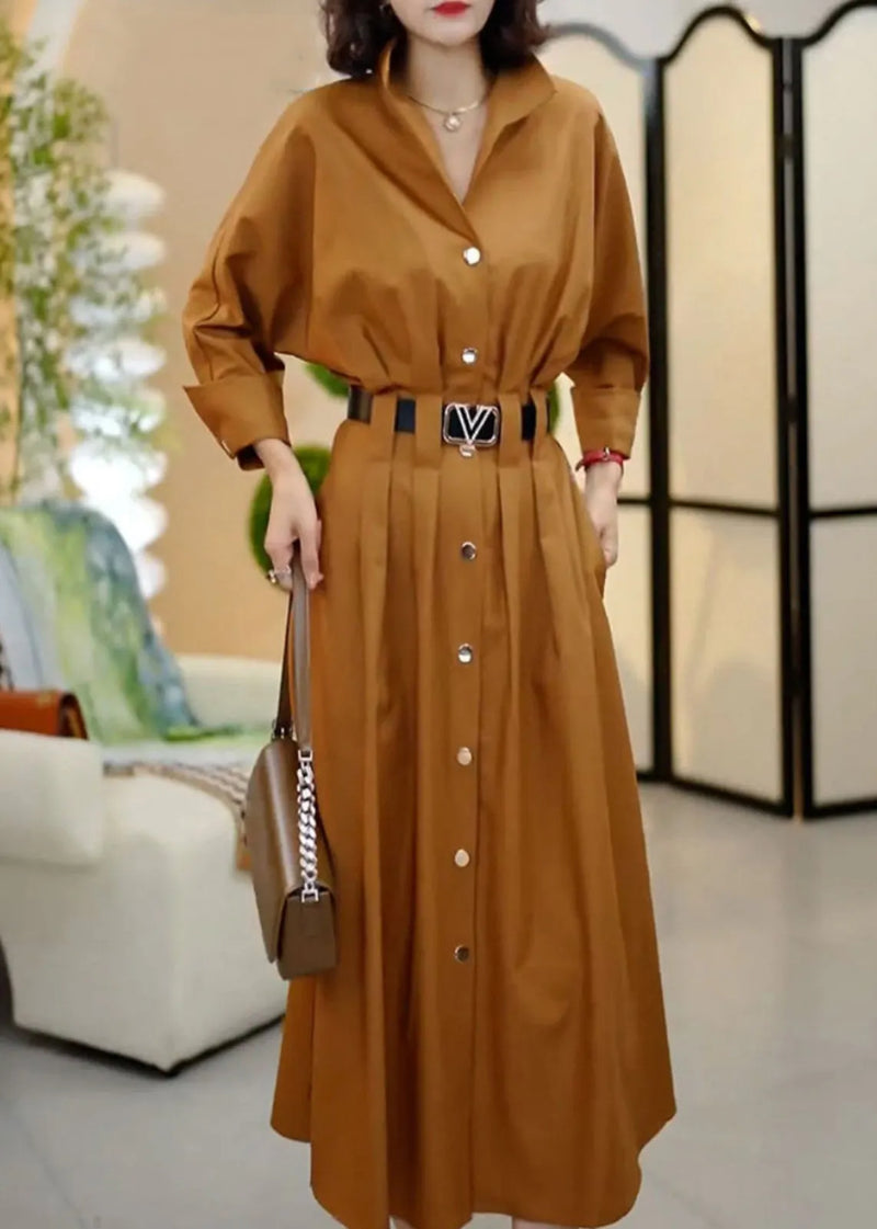 Classy Coffee Peter Pan Collar Sashes Wrinkled Cotton Dresses Fall