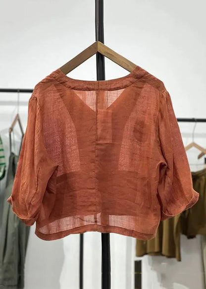 Orange Button Pockets Linen Cardigan Spring
