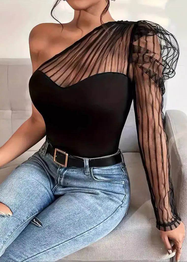 Summer Tulle Patchwork One Shoulder Long Sleeved T-shirt Top
