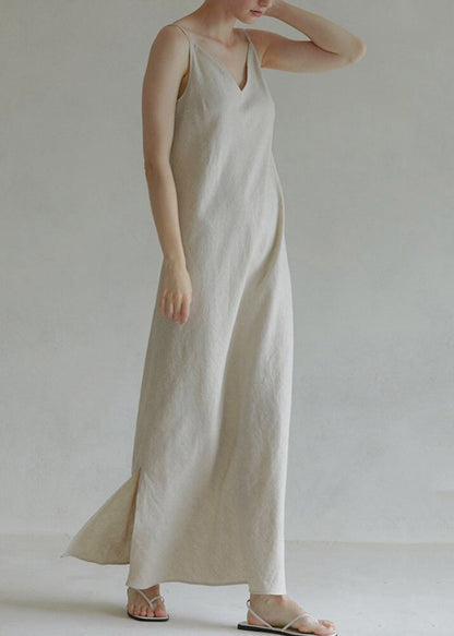 Black V Neck Side Open Linen Spaghetti Strap Dress Summer