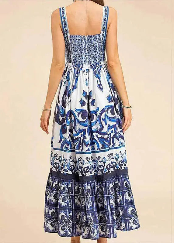 Rose Print High Waist Cotton Spaghetti Strap Dress Sleeveless