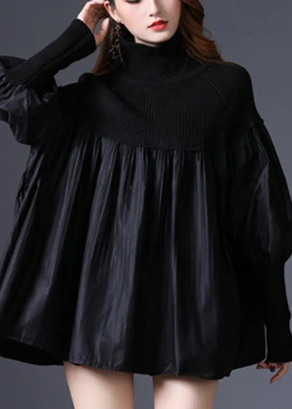 Black Turtleneck Knit Patchwork Cotton Sweater Long Sleeve