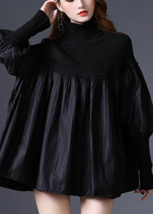 Black Turtleneck Knit Patchwork Cotton Sweater Long Sleeve