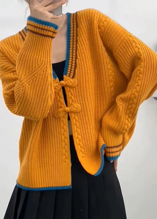 Orange V Neck Oriental Button Knit Cardigan Spring