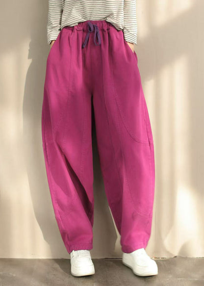 Orange Pockets Elastic Waist Cotton Harem Pants Spring