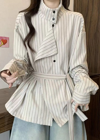French White Stand Collar Striped Cotton Tunic Coat Fall