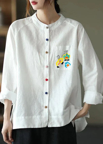 Modern White-fun Pattern Loose Patchwork Pockets Fall Long Sleeve Blouse Top