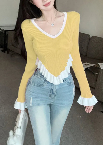 Yellow Ruffled Patchwork Knit Sweaters Flare Sleeve