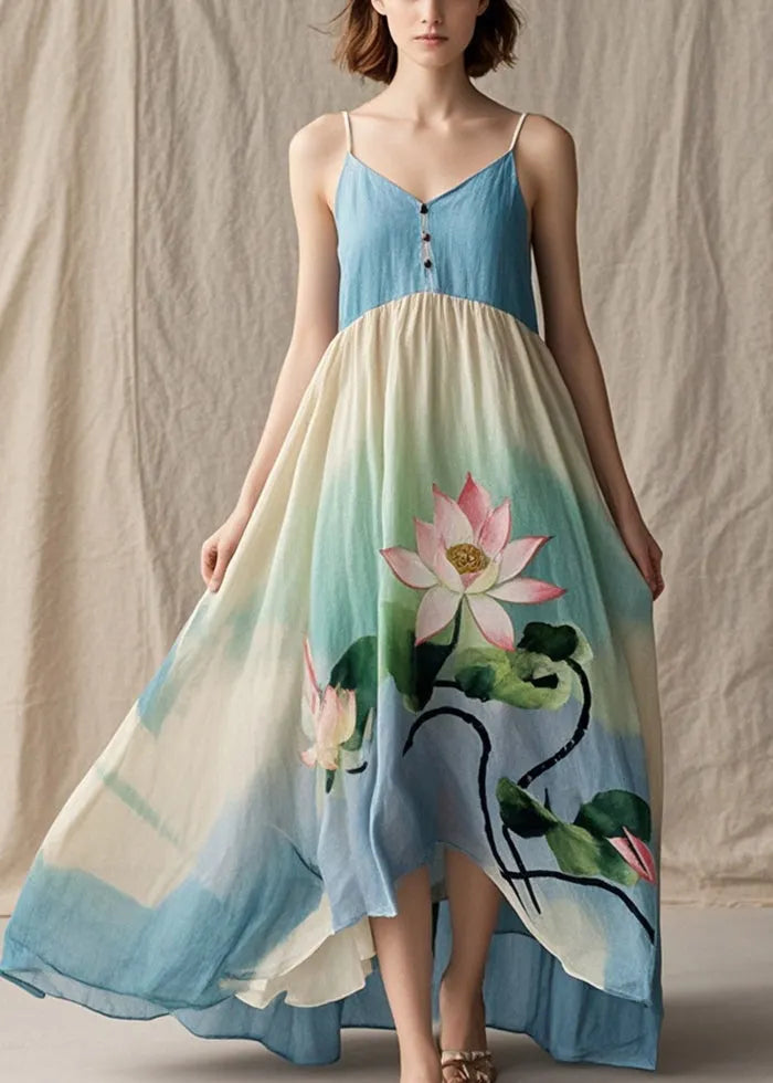 Tie Dye Lotus Print Cotton Spaghetti Strap Dress Summer
