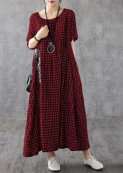 Red Plaid Linen Dresses Summer Long Cotton Dress Maxi Gown