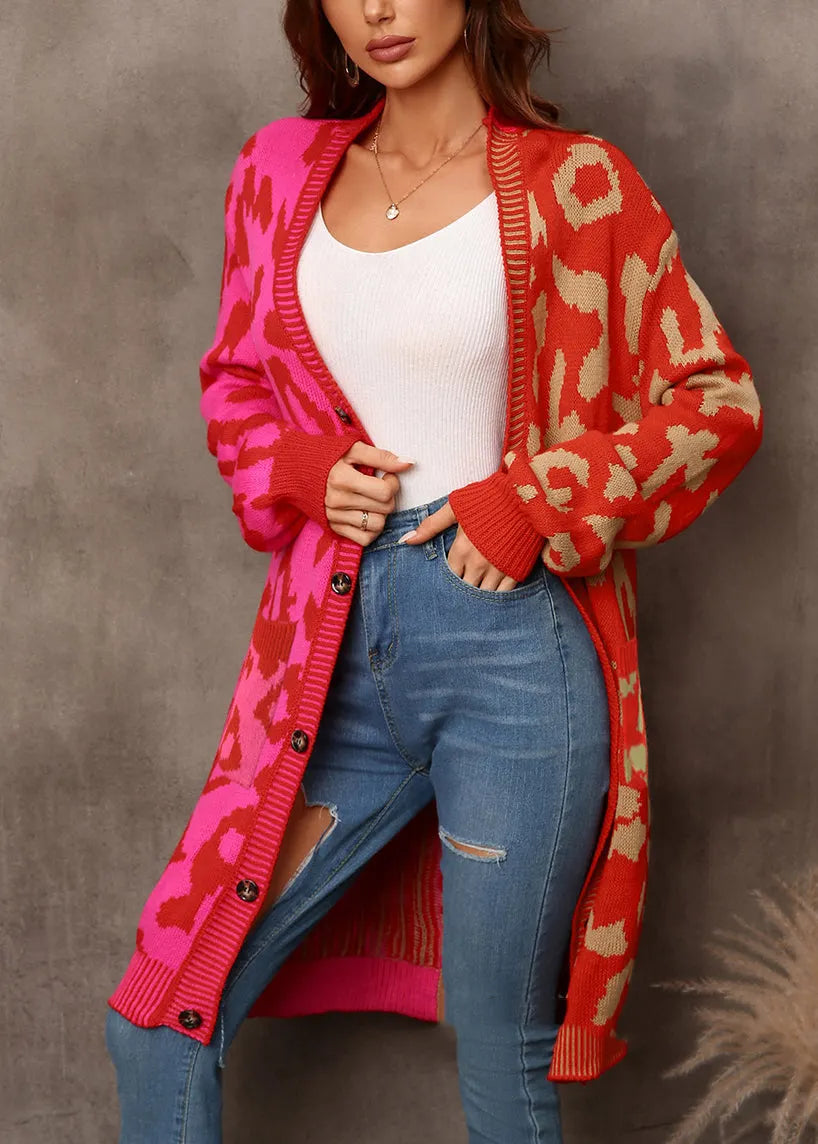Red Leopard Print Patchwork Knit Loose Cardigan Fall