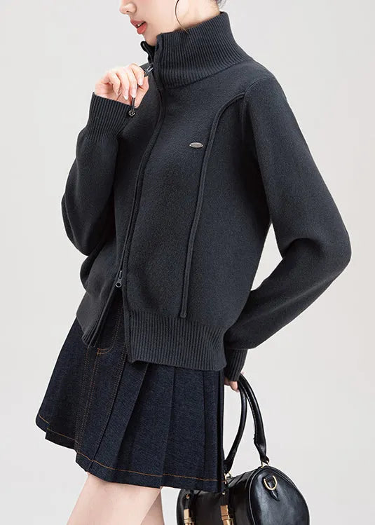 Dark Grey Zip Up High Neck Knit Sweaters Coat Fall