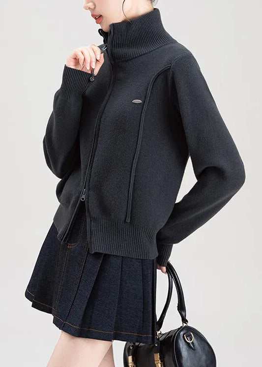 Dark Grey Zip Up High Neck Knit Sweaters Coat Fall