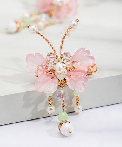 Pink Copper Alloy Pearl Butterfly Tassel Kids a Pair Hairpin
